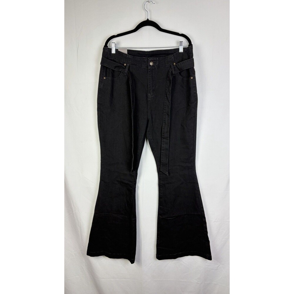 KDF Jeans Sz 12 Black Dark Wash High Rise Flare Belted Stretch Denim Pants NWT